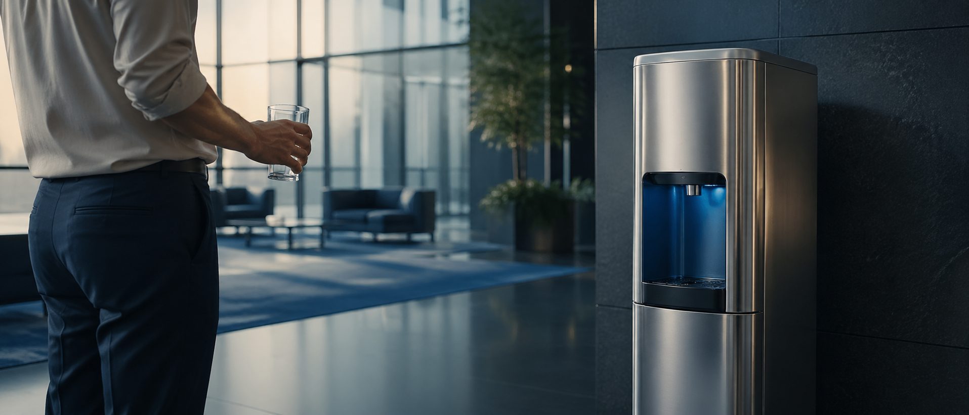 commercial stainless steel water dispenser in modern office lobby in a premium commercial or institutional setting, WaterStation brand imagery